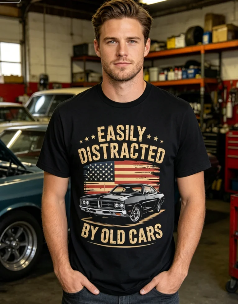 Easily Distracted By Old Cars T-Shirt Classic Car Guy Funny Vintage | Unisex T-Shirt, Crew Neck 2026 Summer, Short-Sleeved