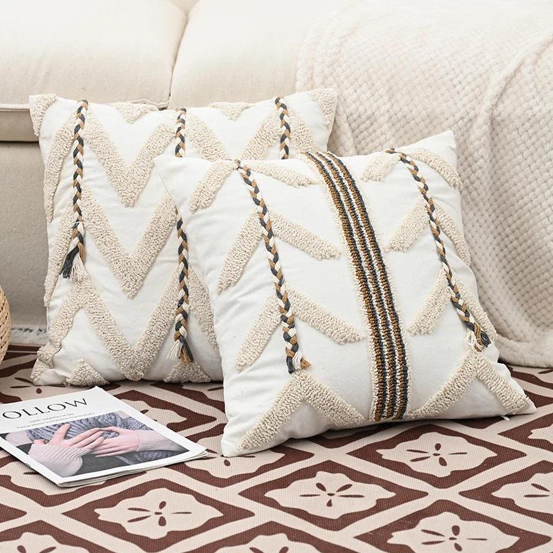 BUYNOW Würfel-Kissenbezug mit geometrischen Schlaufen, Bohemian-Stil, idyllisch, für Wohnzimmer, Sofa, Kissenbezug, Zuhause, Schlafzimmer, Auto, Sitzdekoration