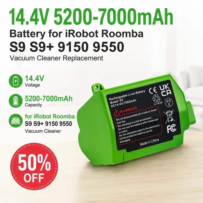 

14.4V 5200-7000mAh Battery for iRobot Roomba S9 S9+ 9150 9550 Vacuum Cleaner Replacement
