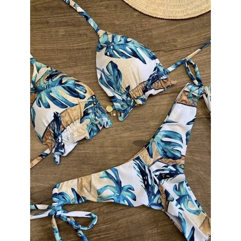 2020 Women Sexy Bikini Set Up Floral Print Bandage Swimsuit High Waist Thong Brazilian Biquini swimwear Summer Beach Wear