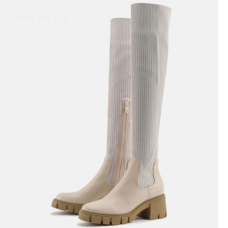 

Женские сапоги выше колена, зимние вязаные эластичные сапоги, женские сапоги до бедра на массивном каблуке, тонкая женская обувь на платформе WSH4692