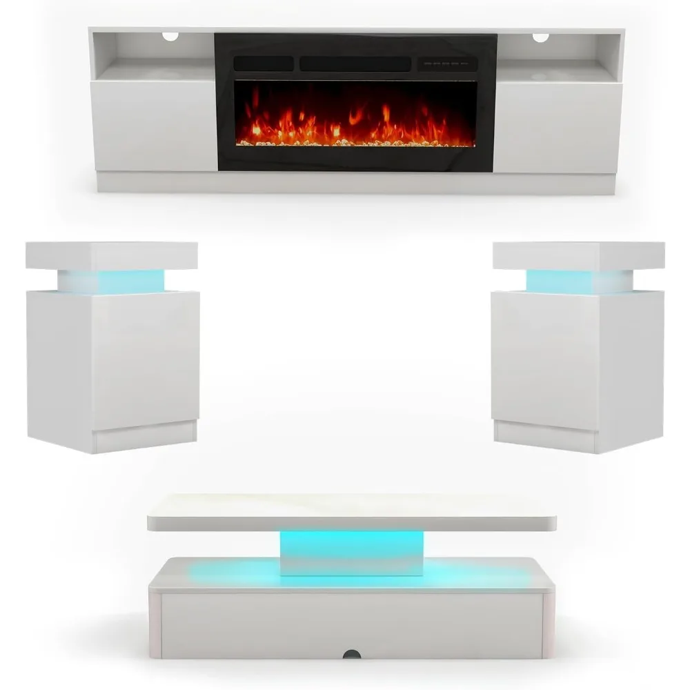 

4-Piece Table Set Includes Modern Coffee Table, Spacious TV Stand with 36 Inch Electric Fireplace and LED Light Nightstands, Si