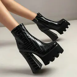 Fashion Platform Super Square High Heel 15cm Women Ankle Boots PU Leather Zipper Women Motorcycle Boots Big Size 34-43
