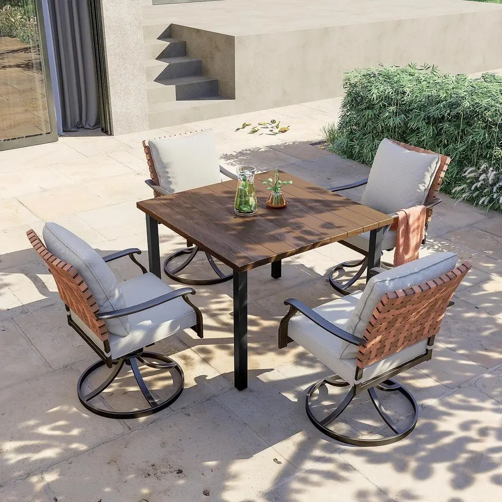 5-Piece Outdoor Dining Set, 4 Leather-Wicker Swivel Patio Chairs & 1 Square Woodgrain Dining Table, Brown