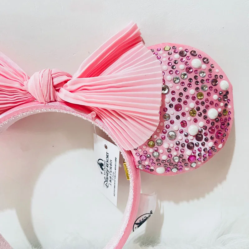 Disney Pink Headband Unique Diamond Pearls Mickey Ear For Adults Pleated Bow Headband Minnie Park Accessories Headwear