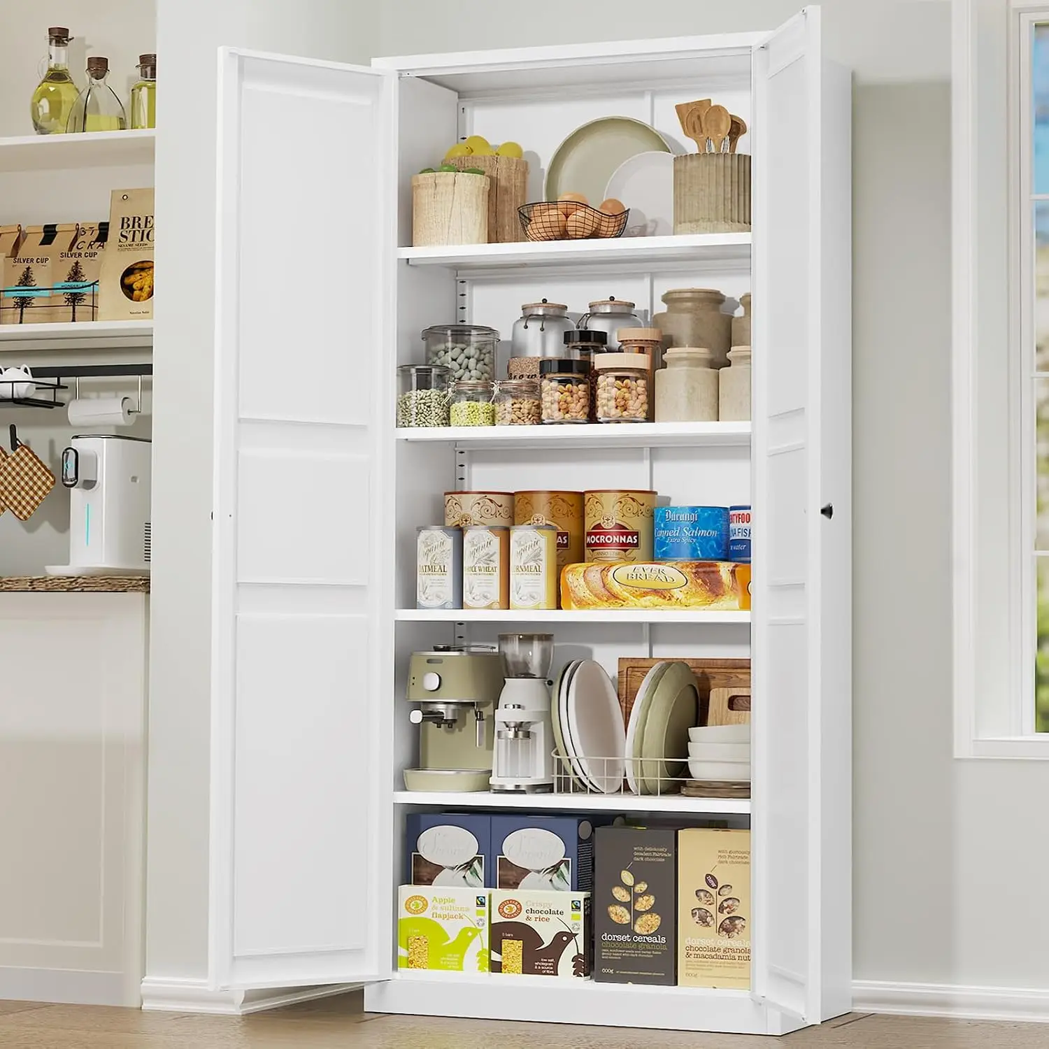 71" Tall Metal Kitchen Pantry Cabinet, 4 Adjustable Shelves & Magnetic Doors for Cupboard Storage, Custom