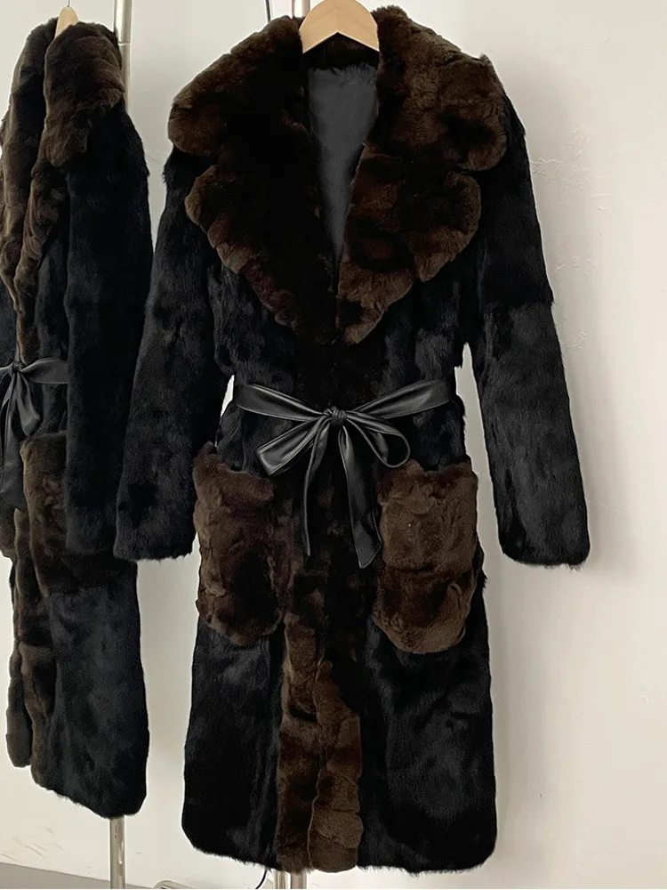 ZMEENNA Women's Luxurious Long Black Faux Fur Coat With Brown Trim And Belt Elegant Warm Winter Outerwear Jacket Classic ZM3413