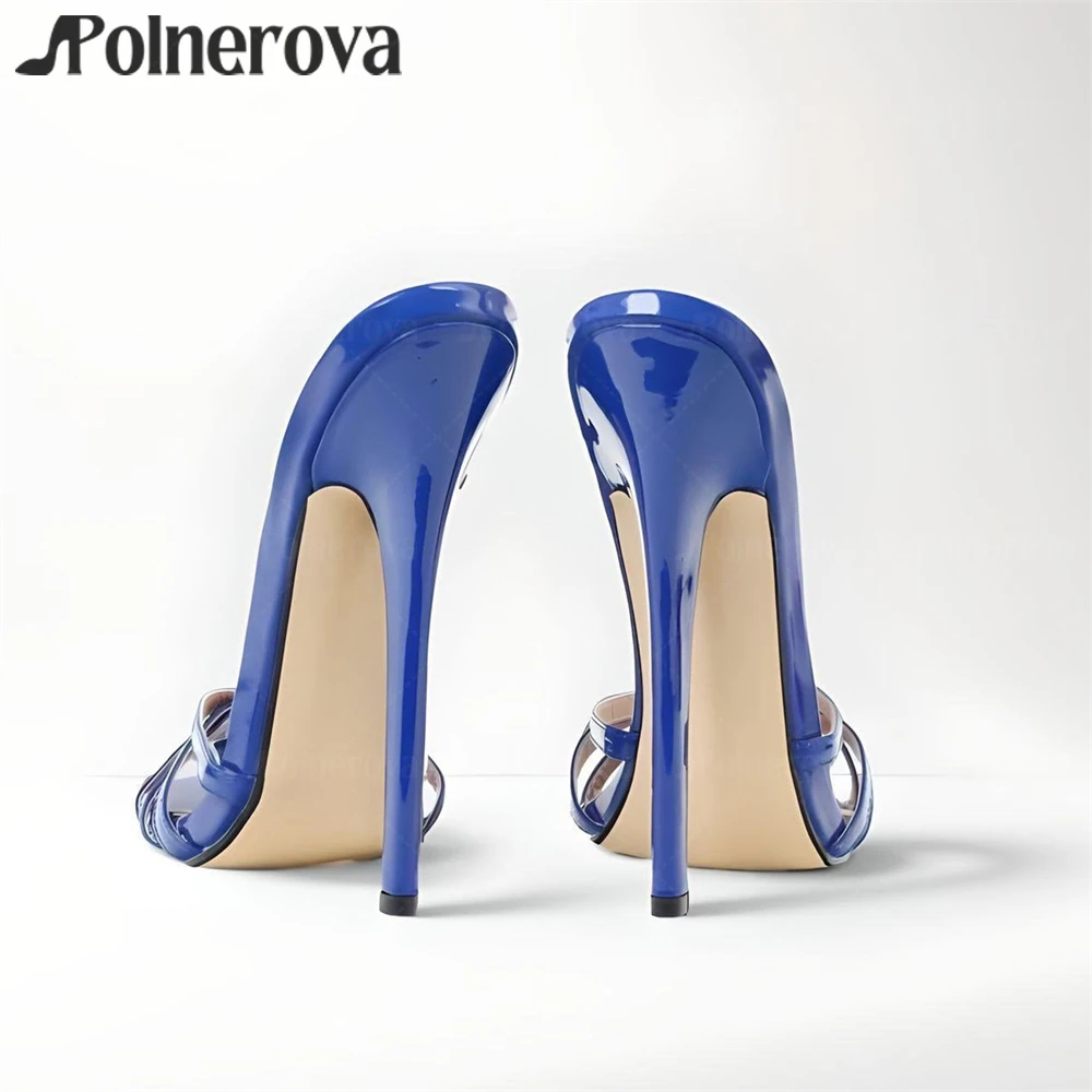 Ciabatte in pelle verniciata blu da 16 cm Pantofole sexy con tacco super alto annodate Slip-On stile designer Tacchi moda fatti a mano per l'estate