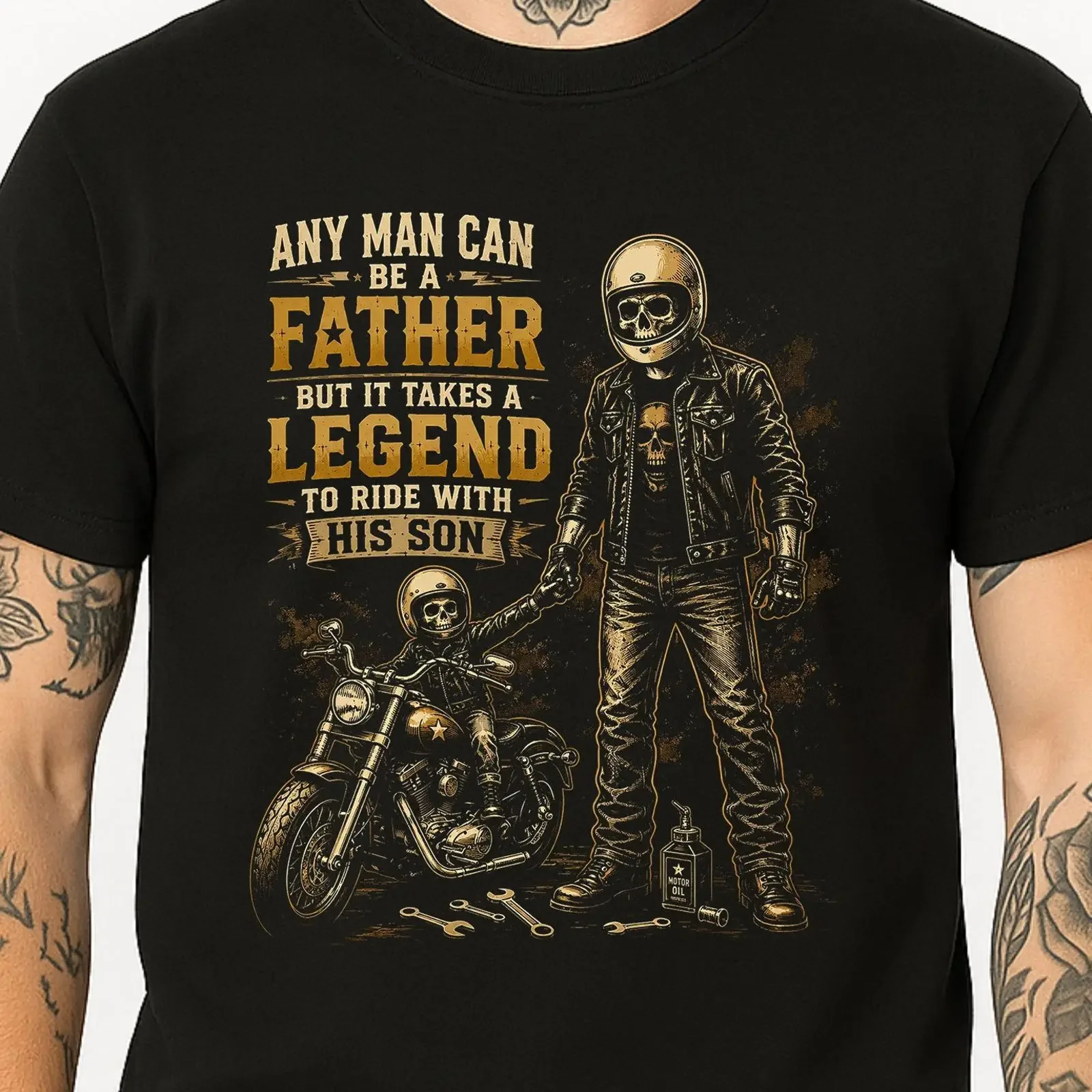 Totenkopf Biker T Shirt Vater Legende Fahrt mit Sohn Motorrad Papa Vintage vintage Washed Comfortable Breathable Soft homme