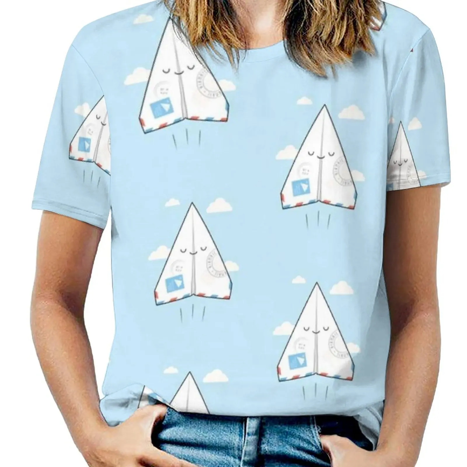 

Airmail Woman'S T-Shirt Spring And Summer Printed T Shirts Crew Neck Pullover Top Paper Plane Airplane Paper Glider Paper