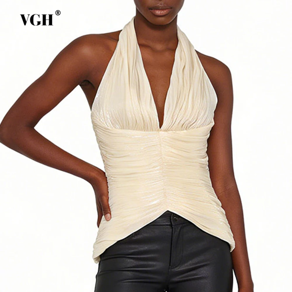 

VGH Sexy Slimming Short Folds Vests For Women Deep V Neck Sleeveless Backless Summer Beach Style Casual Party Vest Female New