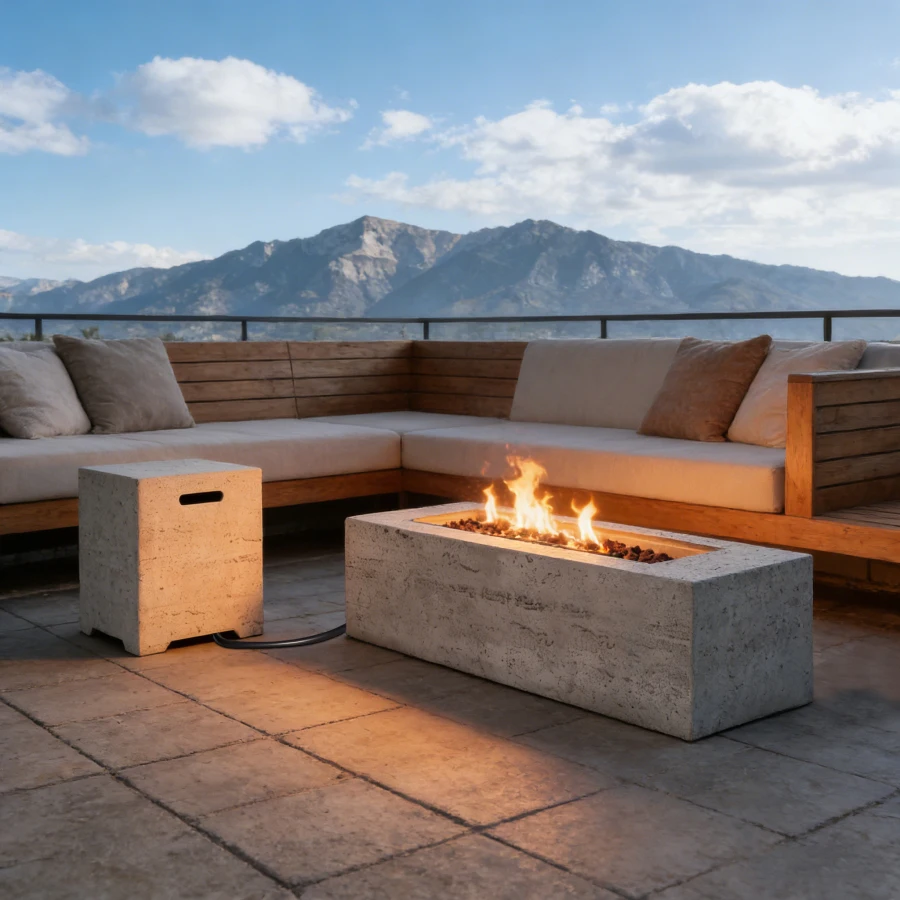 

Outdoor rectangular propane fire pit tank stand set for courtyard, lawn, patios, decks; magnesium oxide cover; black; 40000 BTU