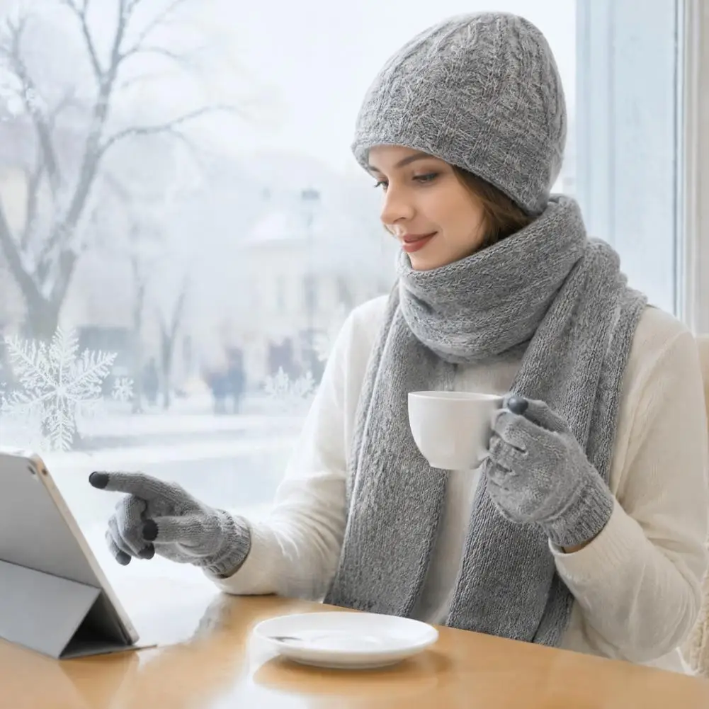 Matching Scarf Touch Screen Gloves Set Winter Hat Scarf Gloves Set for Women Warm Knitted Touchscreen for Weather for Weather