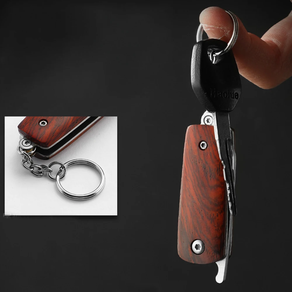 Mini D2 Keychain Folding Knife Sandalwood Handle Pocket Knife Outdoor Camping Hiking Survival Gear Portable EDC Small Cutter