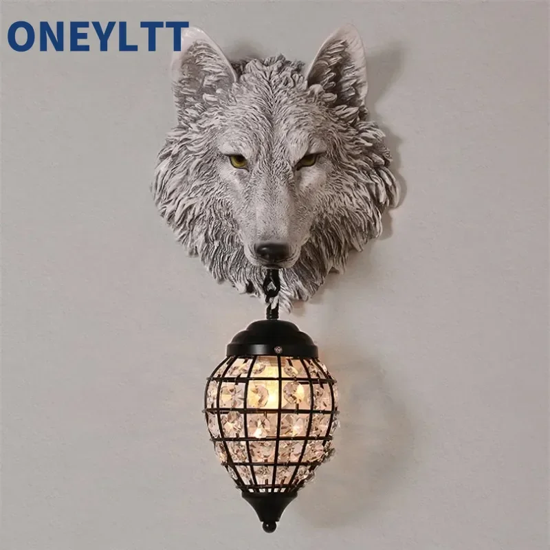 

American wolf head animal decorative wall lamp retro living room background wall lamp staircase foyer balcony bedroom headboard