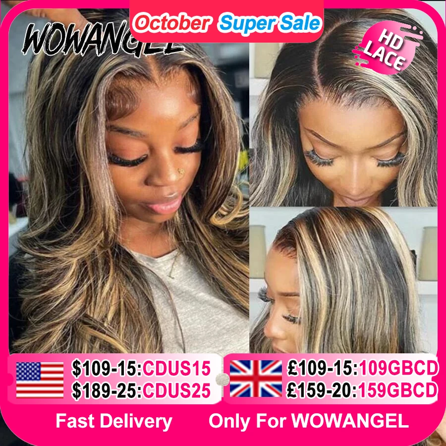 Wow Angel 34 pollici Evidenziare Parrucche dell'onda del corpo 5X5 HD Parrucca con chiusura in pizzo Biondo miele 250% Parrucca senza colla Capelli umani Parrucche pronte da indossare