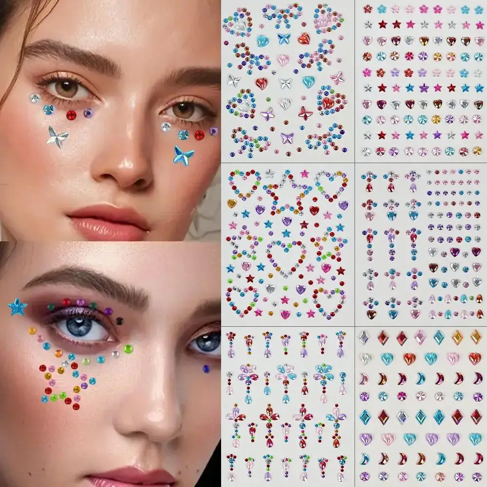 1 Sheet Colorful Bow/Star/Heart Face Rhinestone Stickers Glitter Self Adhesive Face Gem Tattoo Stickers Makeup Hair Crafts Decor view 3