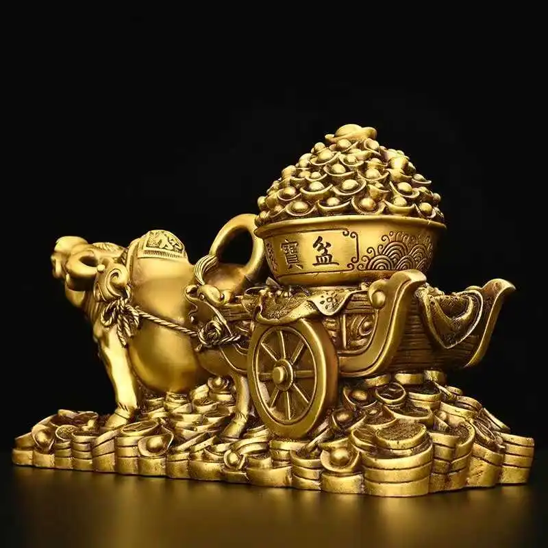 

Бронзовая статуэтка быка, тянущего сокровища, для домашнего декора, привлекающая богатство, золотой бык, тянущий повозку, настольное украшение Luy Crtwork