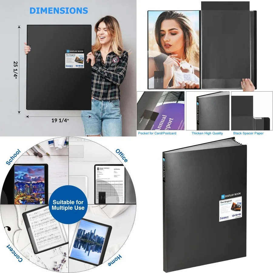 แฟ้มเอกสารแบบหนาพิเศษ Sooez พร้อมซองพลาสติก ขนาด 18x24 นิ้ว พร้อมแผ่นใส 30 แผ่น จัดเก็บได้ 60 หน้า เหมาะสำหรับ A