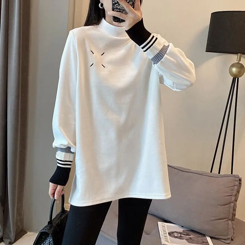 autumn Winter casual oversized T-shirts Half high collar Thicken women Long Sleeve T shirt warm Velvet white y2k Tops streetwear