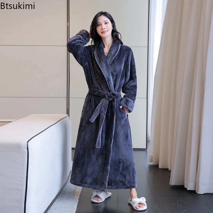 Autumn and Winter Thick Flannel Couple Pajamas Nightgown Bath Robe Kimono Bathrobe Fleece Loungewear Sleepwear Warm Robes Belts