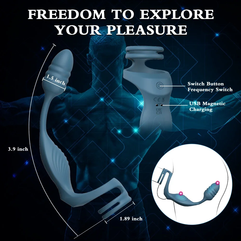 Cock Penis Ring with Prostate Anal Butt Plug Vibrator Perineum Stimulator Testicle Perineum Scrotum Massager Sex Toy for Men