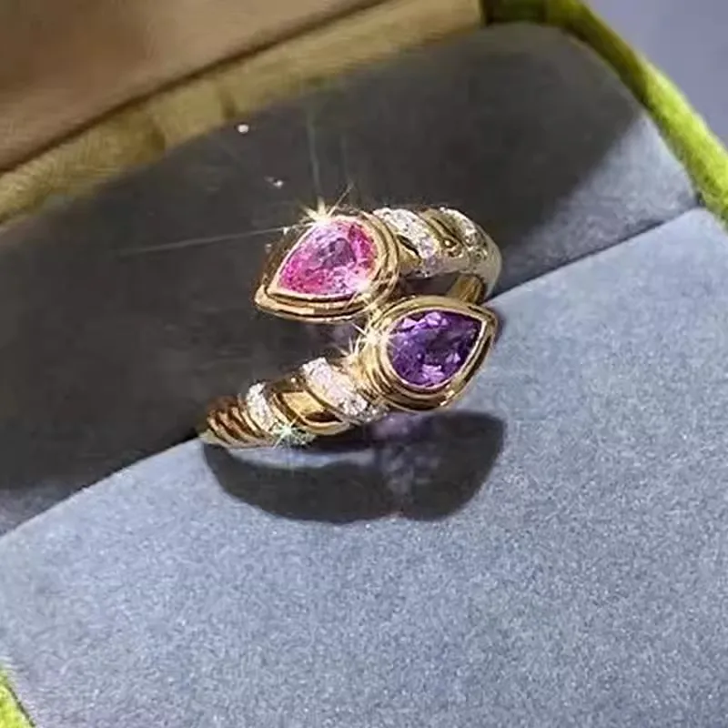 Foydjew Vintage Jewelry Snake Water Drop Design Rings Inlaid Pink and Purple Zircon Ring Women\'s Fashion Gold Color Accessories