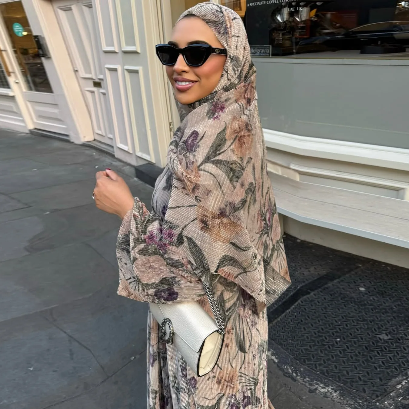 Modest Muslim Arabian Abaya Long Sleeve Pleated Abaya Printed Open Front Abaya Lightweight Floral Kimono Robe For Women Stylish