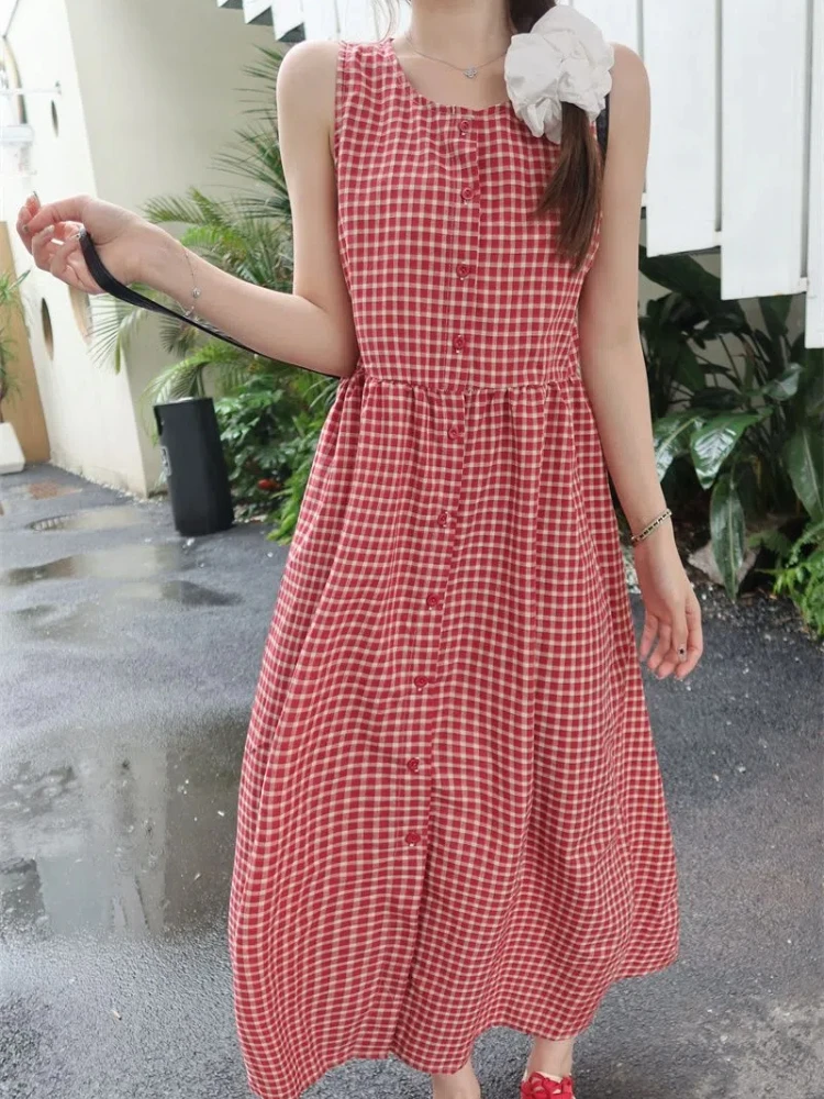 2024 Summer New Retro Red Checkered Vest Dress Sweet Beauty A-line Skirt Long Skirt