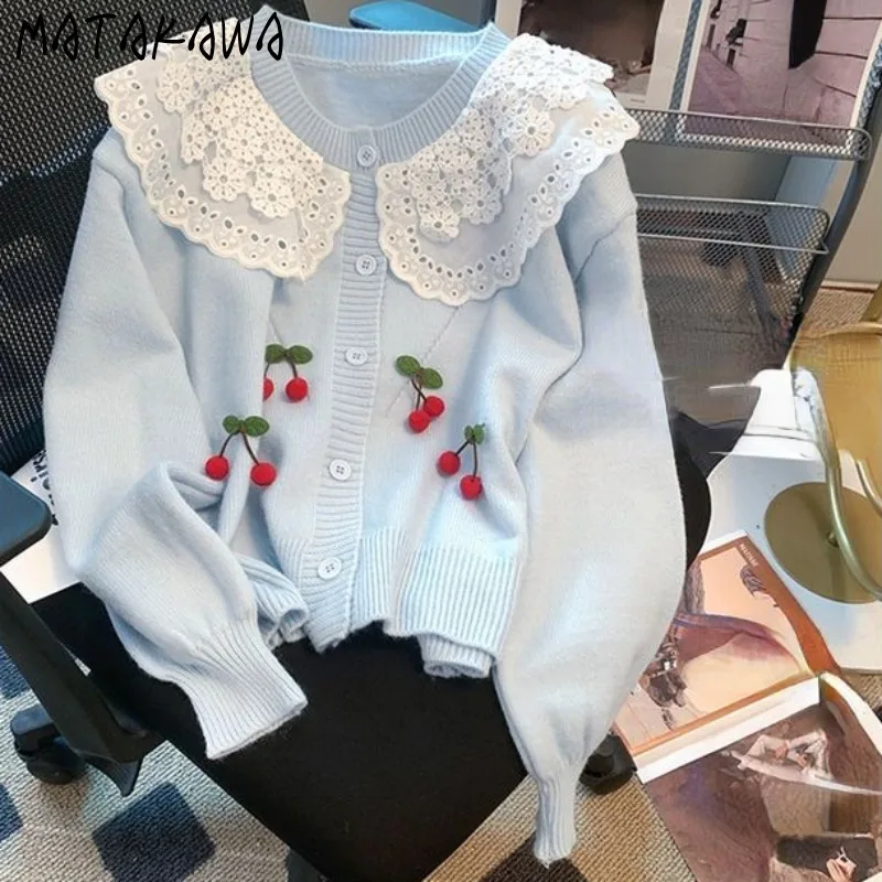 Matakawa Peter Pan Collar Women Cardigans Sweet Autumn Winter Korean Fashion Cherry Ruffles Sweaters Simple Sueter De Mujer