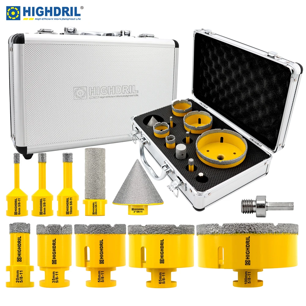 

Набор алмазных сверл HIGHDRIL, 11 шт., для фрезерования плитки, гранита, мрамора, камня, с резьбой 5/8"-11, корончатые сверла, сверла для снятия фаски