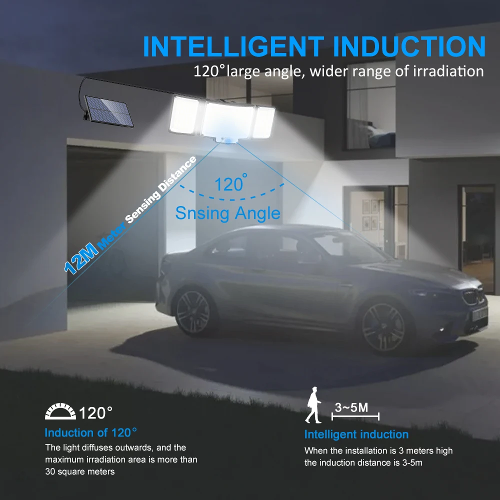 366 LED مستشعر الحركة الشمسية أضواء الأمن في الهواء الطلق 3 رؤساء أضواء الحديقة الشمسية الأضواء الكاشفة بالطاقة الجدار الخفيفة مقاوم للماء الجبهة #3