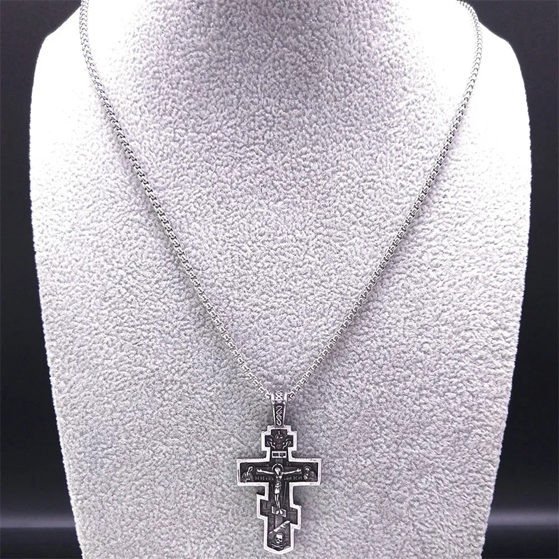 Orthodox Icon Cross Statue Crucifix Pendant Necklace Stainless Steel Grunge Male Chain Necklaces Jewelry collar hombre NZZ293S02