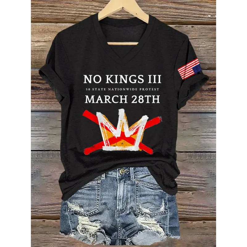 Women's Retro V-Neck No Kings III 50 State Nationwide Protest March 28th Print Tops Casual V Neck FDT Print T-Shirt