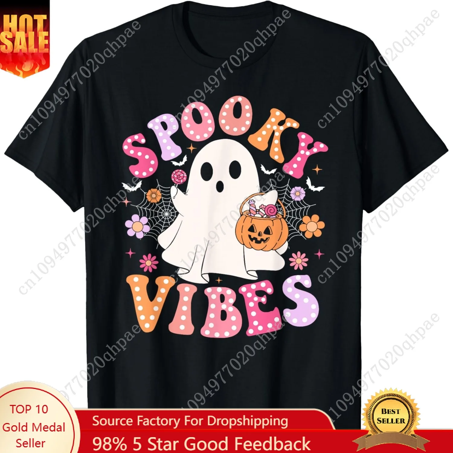 

Spooky Vibes Ghost Retro Groovy Halloween Women Girls Kids T-Shirt