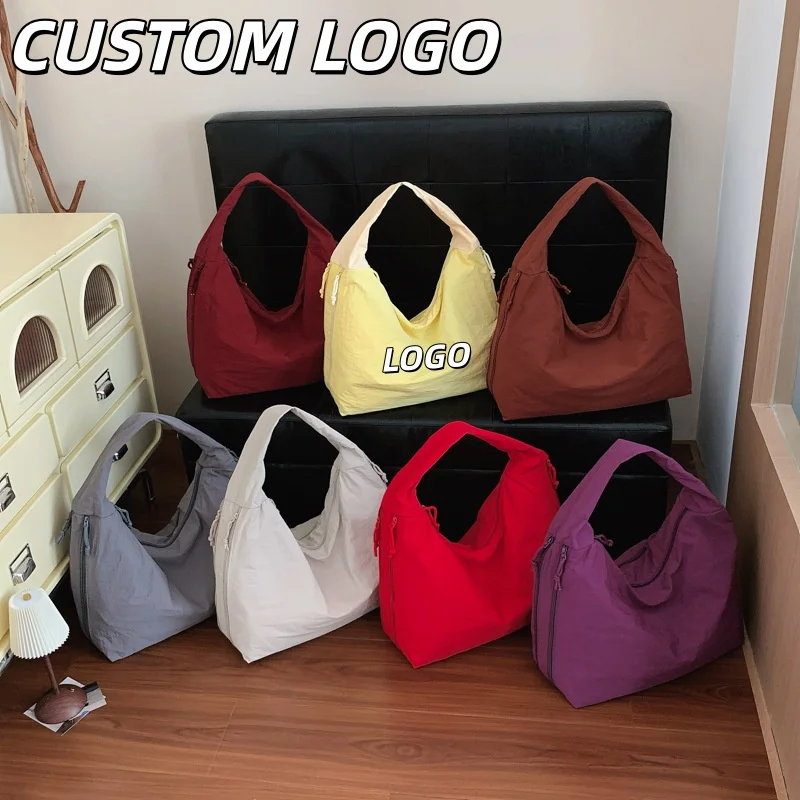 Custom Logo Women Capacity Nylon Hobo Bag Wrinkle Soft Casual Shoulder Tote Bag Multi-color Lightweight Daily Commuter Handbag