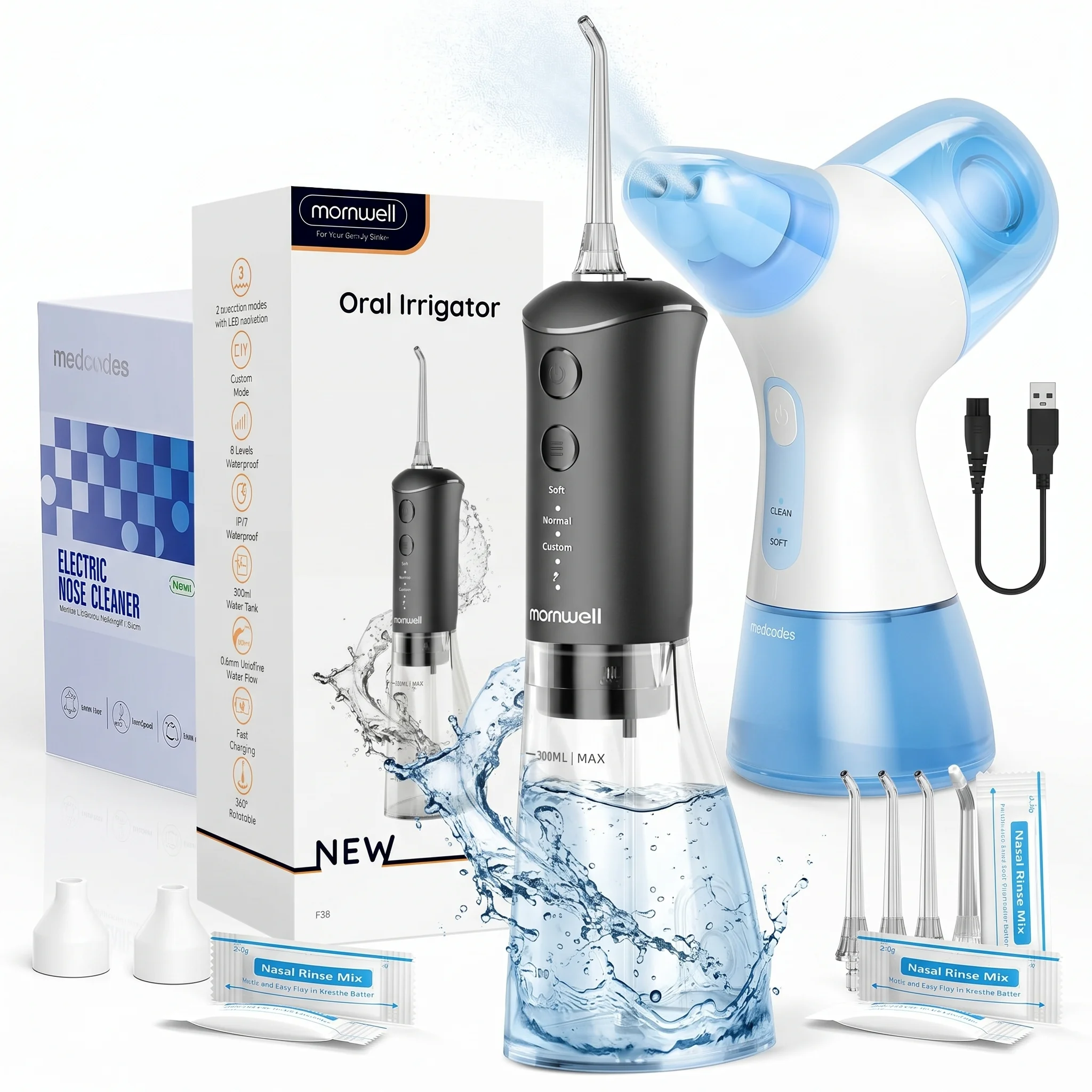 Mornwell Nasal Rinse Irrigation & Water Flosser Combo, Portable Cleaner with 30 Salt Packs, Rechargeable Travel Set