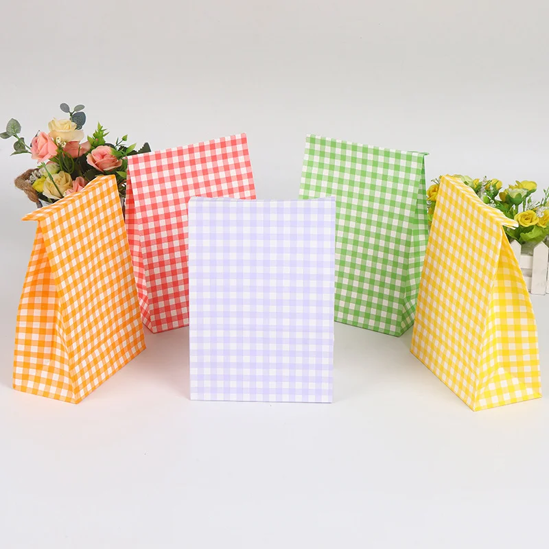 25/50/100pcs Color Checkered Kraft Paper Bags  DIY Gift Bag Standing Paper Bag Birthday Party Graduation Christmas Gift Bags