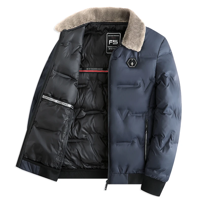 Thick Fur Turn Down Collar Parkas Men Outdoor Windproof Padded Parka Coat Business Casual Lapel Jacket 2025 Winter Mens Clothing