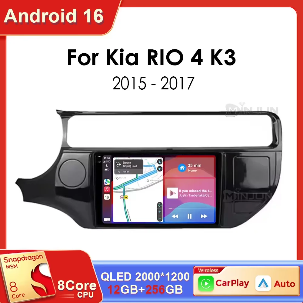 Radio Multimedia para Auto con Android 16 de 9 Pulgadas, Carplay Inalámbrico para Kia RIO 4 K3 2015 2016 2017, Reproductor de Video, Navegación GPS, Unidad Principal
