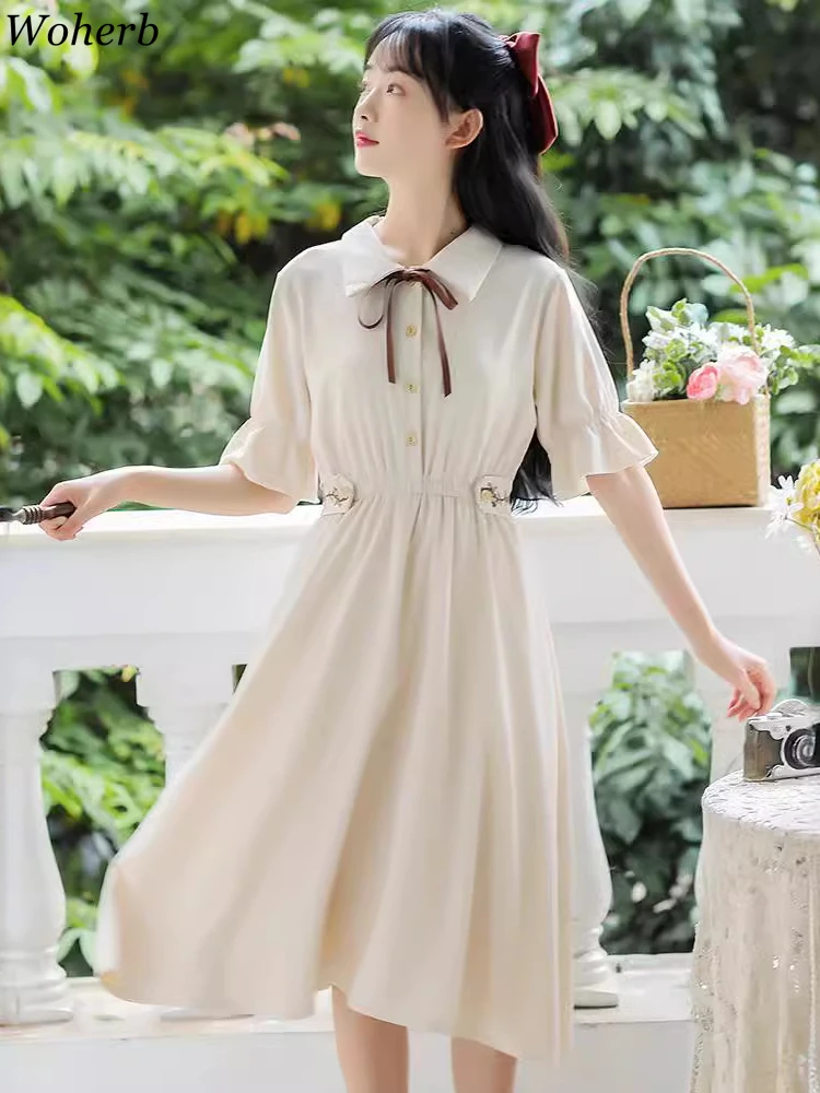 New Single Breasted Dress for Women Pleated Bow Sweet Robe Femme Embroidery Flower Fashion Summer Dresses 2024 Vestidos De Mujer