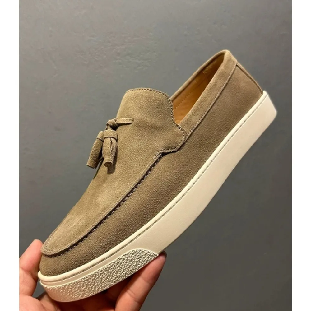 Men's Taupe Suede Tassel Slip-On Loafers, White Thick Platform Sole Casual Shoes, Soft Moccasin Footwear for Urban Daily Wear