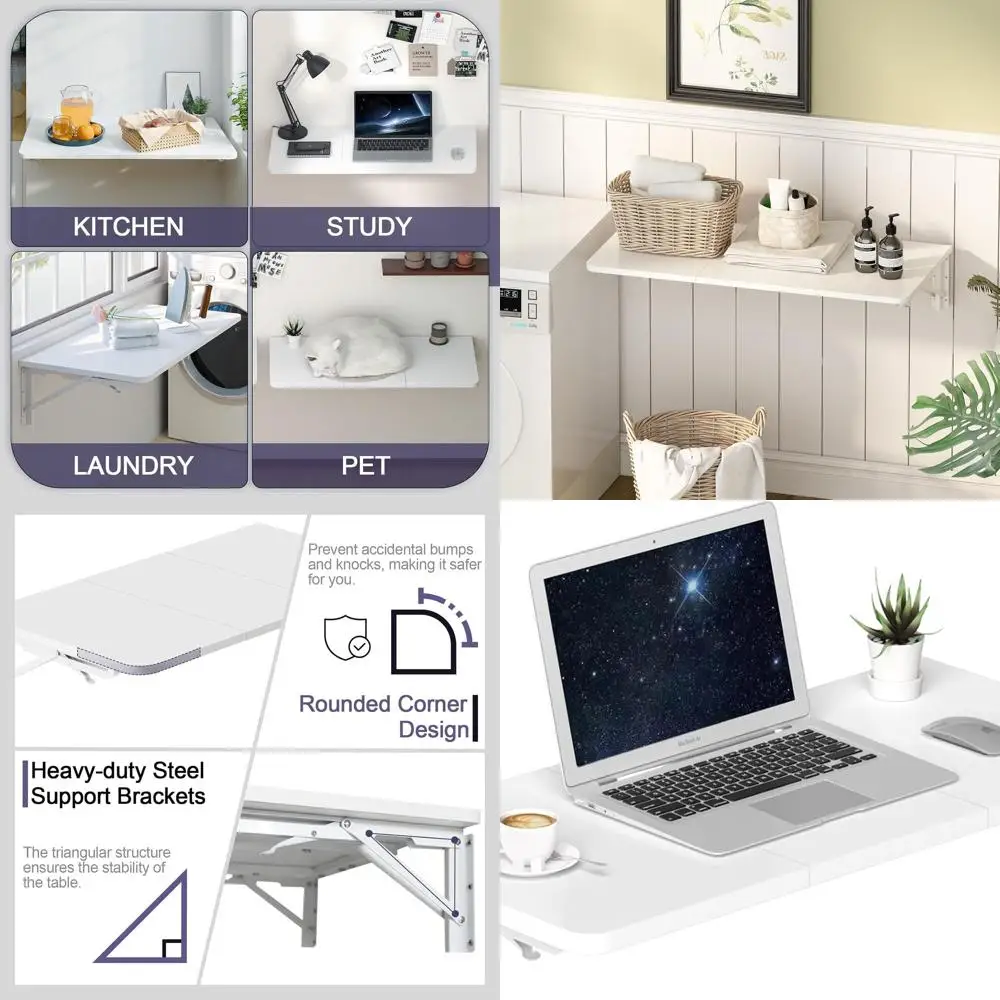 

Space-Saving White Folding Wall Desk with Sturdy Brackets for Home Office, Kitchen, and Laundry Room Storage