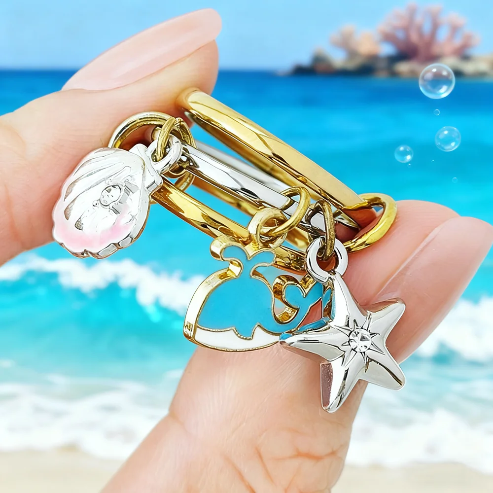 Conjunto de anillos con dije de estrella de mar y concha de ballena para mujer, nueva tendencia Ins, colgante hecho a mano de acero inoxidable, anillo apilable Spinelli, regalos