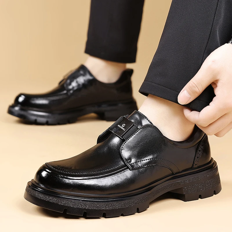 

Мужские износостойкие противоскользящие лоферы без шнуровки с круглым носком, модельная обувь с толстой подошвой, всесезонная повседневная кожаная обувь