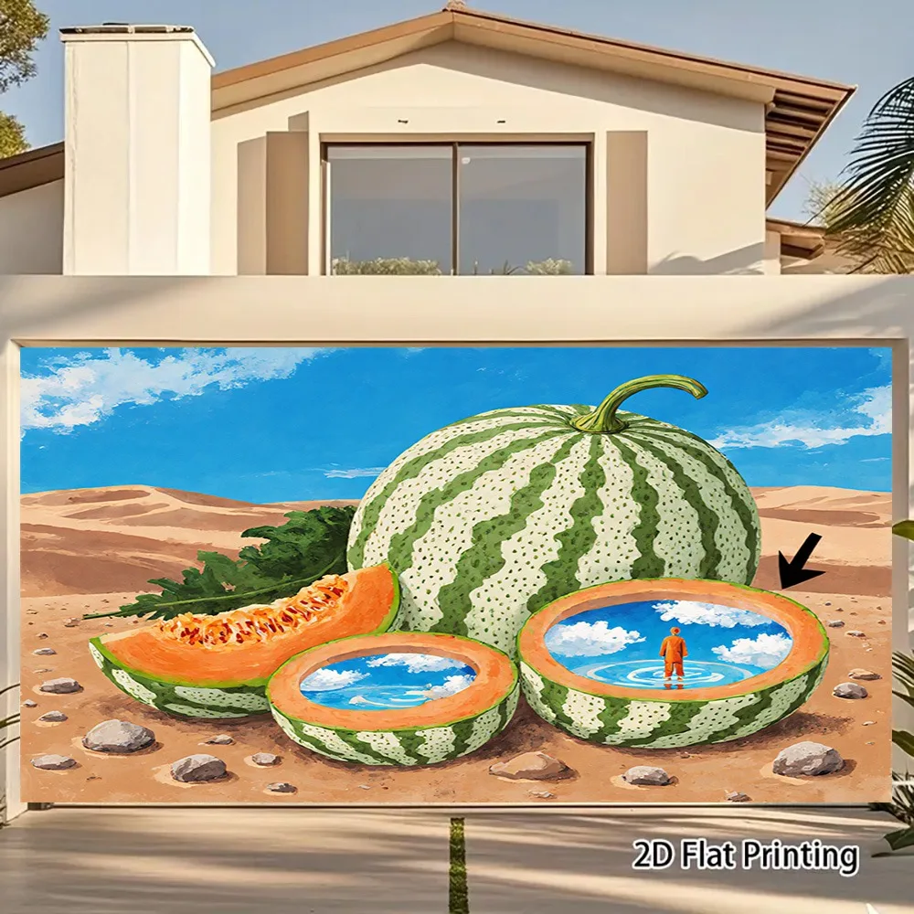 2D Flat, 1pc Large Watermelon-Themed Desert Wall Hanging Tapestry - UV Printed 2D Flat Fruit Slice Design with Cactus & Melon Sl