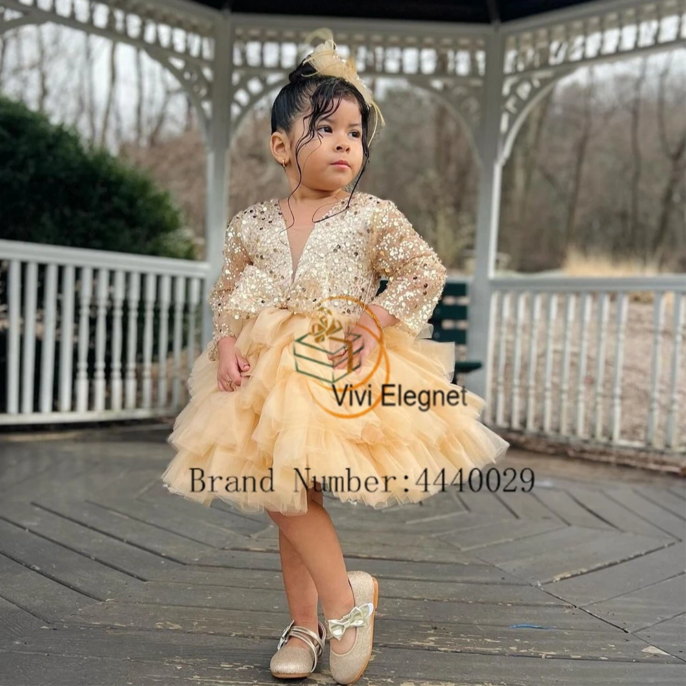 

V Neck Gold Flower Girl Dresses Sequined 2025 Full Sleeve Wedding Party Gowns for Birthday New Tiered Summer فساتين اطفال ل