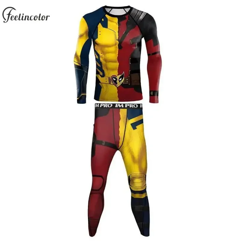 Superhero Cosplay Shirt Men Compress Shirts Long Sleeves Leggings Workout Top Sets Outfit Sports Breathable Male Clothes