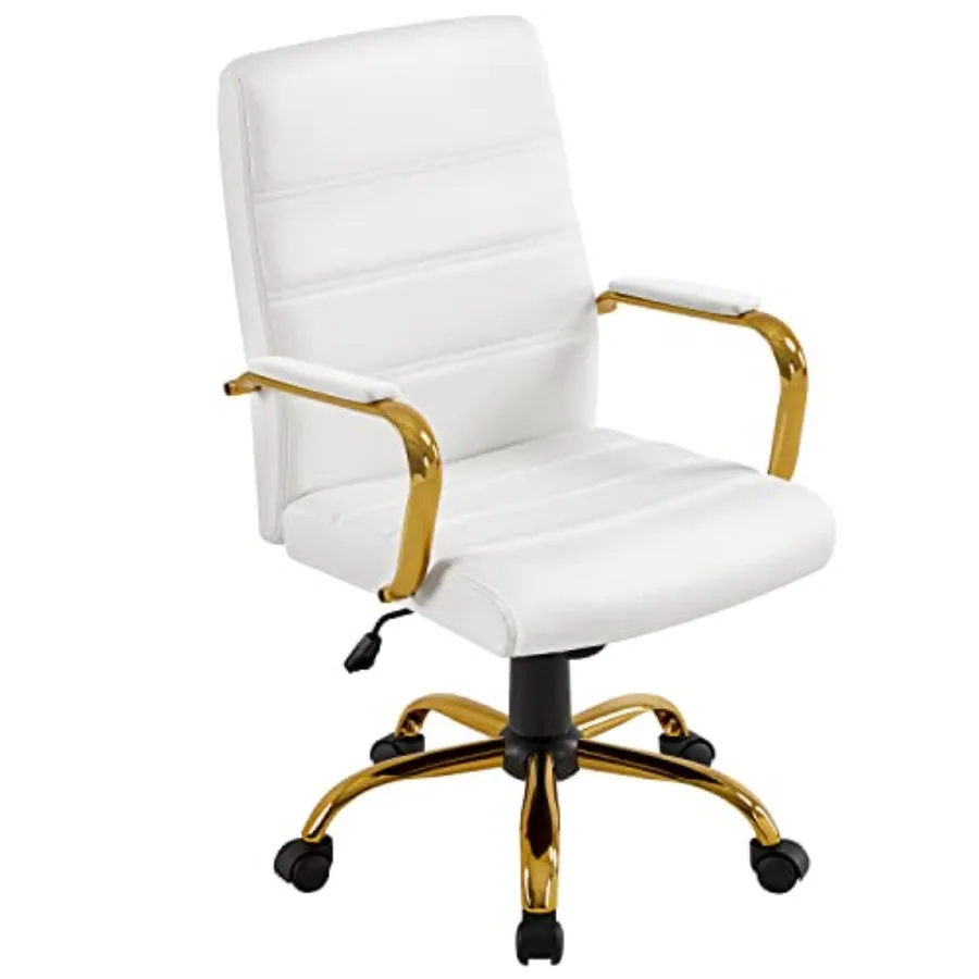 Gold Office Chair Mid-Back PU Leather Rocking Desk Seat for Home Office Use, Ergonomic Support, Smooth Swivel Tilt Function, Mo