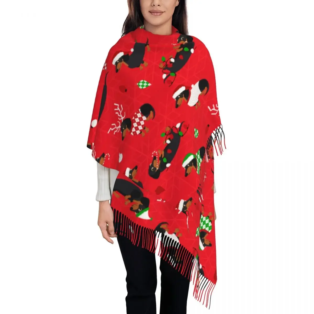 

Рождественские таксы, красная шаль для женщин, теплый большой длинный шарф, шаль для собак, шарфы-шали